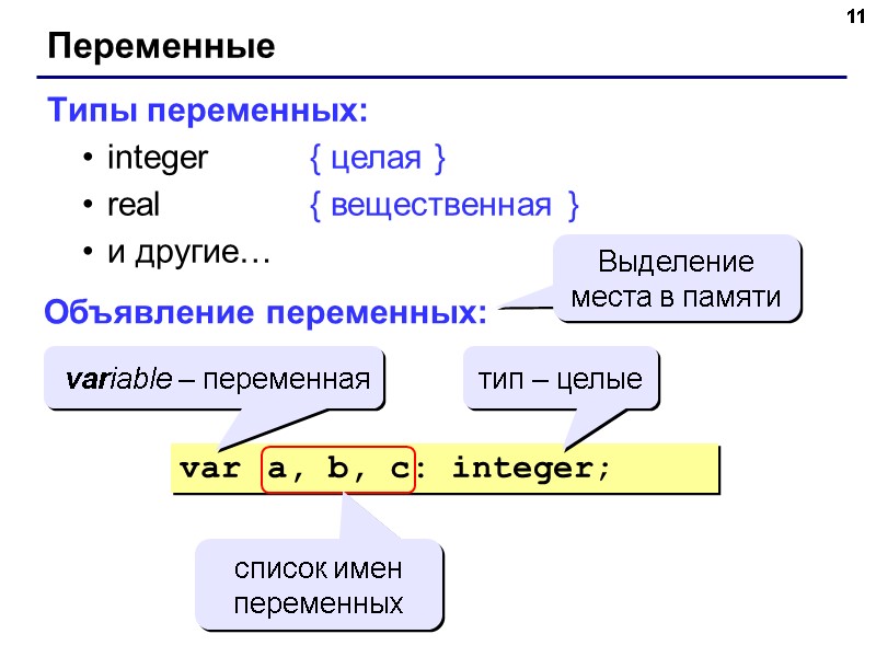 11 Переменные Типы переменных: integer { целая } real { вещественная } 11 Переменные Типы переменных: integer { целая } real { вещественная }